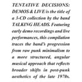 Talking Heads - Tentative Decisions: Demos & Live (CD)